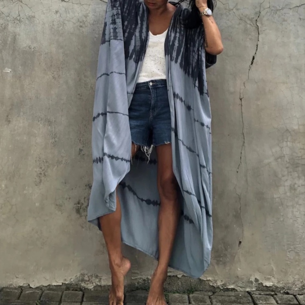 SOLD OUT Navy Gray Tie Dye Boho Swim Coverup Kimono Robe - Picture 2 of 5